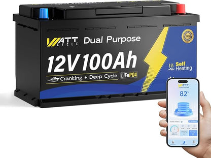 12V 100Ah Dual Purpose Marine Cranking LiFePO4 Lithium Battery Bluetooth by Wattcycle