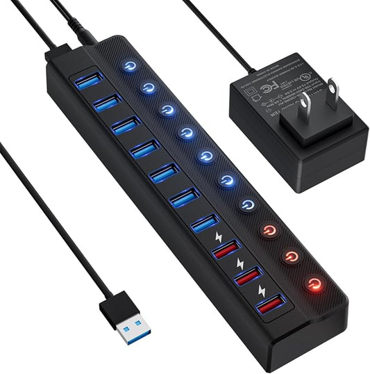 Powered USB Hub, 10-Port USB Splitter Hub by Onfinio