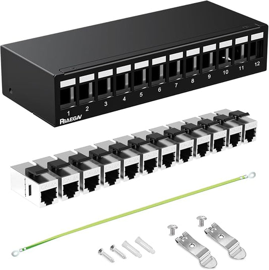 Patch Panel 12Port with 12pcs Cat6A Keystone Jack【EC Listed】 Shielded No Rust by PBAEGAV