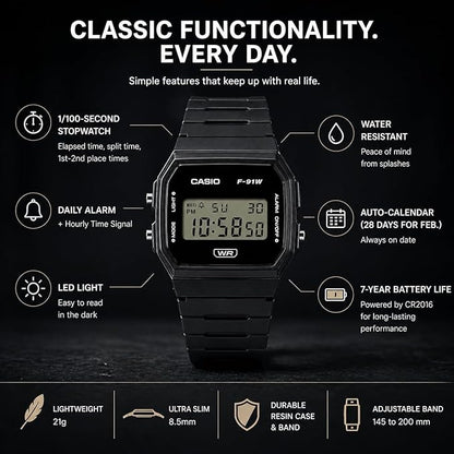 Casio F91W Series | Digital Watch | Water Resistant | LED Light | 1/100 SEC - Image 3