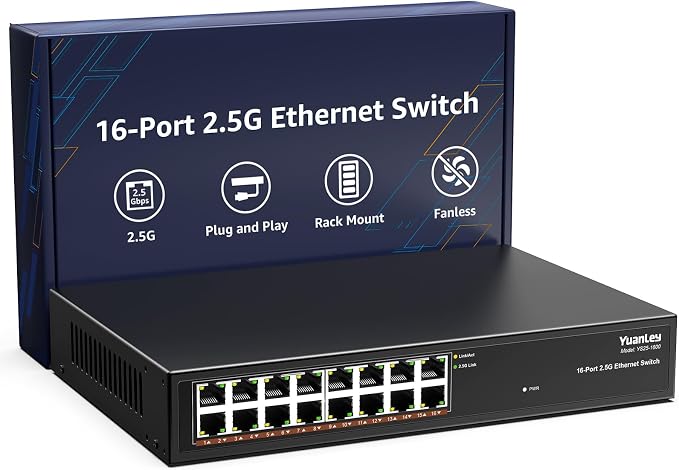 YuanLey 16 Port 2.5GB Umanaged Ethernet Switch, 16 x 2.5G Base-T Ports by YuanLey
