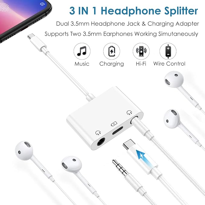 USB C to 3.5mm Audio Adapter, 3-in-1 Aux to USB C Headphone Splitter - Image 2