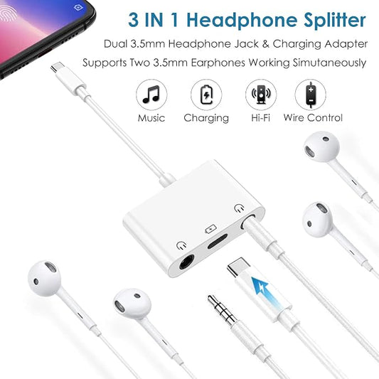 USB C to 3.5mm Audio Adapter, 3-in-1 Aux to USB C Headphone Splitter - Image 2