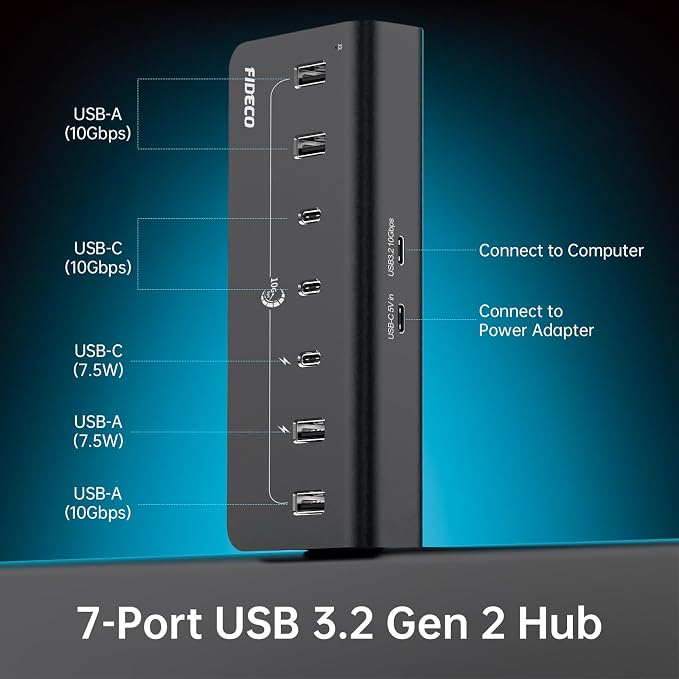FIDECO Powered USB Hub, 7 Port USB 3.2 Gen 2, 10Gbps Fast Data Hub - Image 2