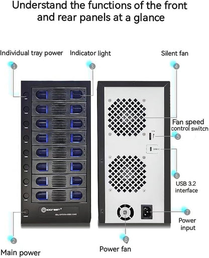 8 Bay Tool Less Tray Hot Swapable 2.5" and 3.5" SATA Hard Drive External USB-C - Image 6