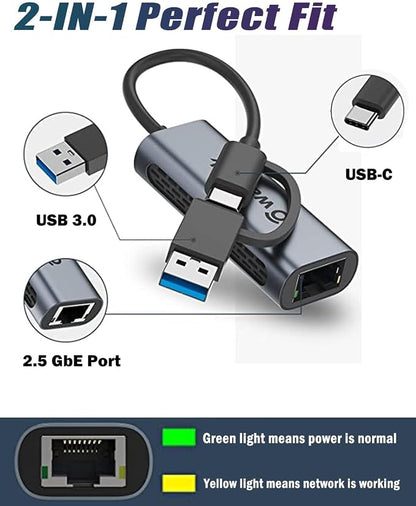 Wavlink USB C to Ethernet Adapter 2.5 Gbps, 2-in-1 USB to 2.5G Ethernet Adapter - Image 2