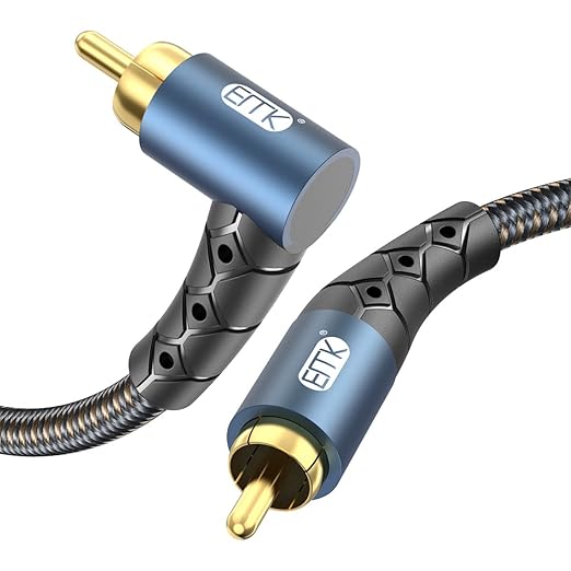 EMK RCA Subwoofer Cable 90 Degree RCA to RCA Audio Cable 24K Gold-Plated Nylon by EMK