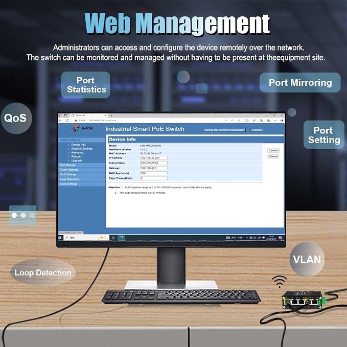 Industrial Managed 5 Port PoE Ethernet Switch, Mini Gigabit Networking Switch - Image 3