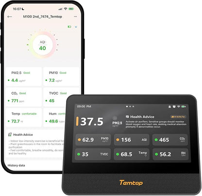 Temtop WiFi Air Quality Monitor M100 2nd Gen, 7 Inch Touchscreen CO2 Detector & by Temtop