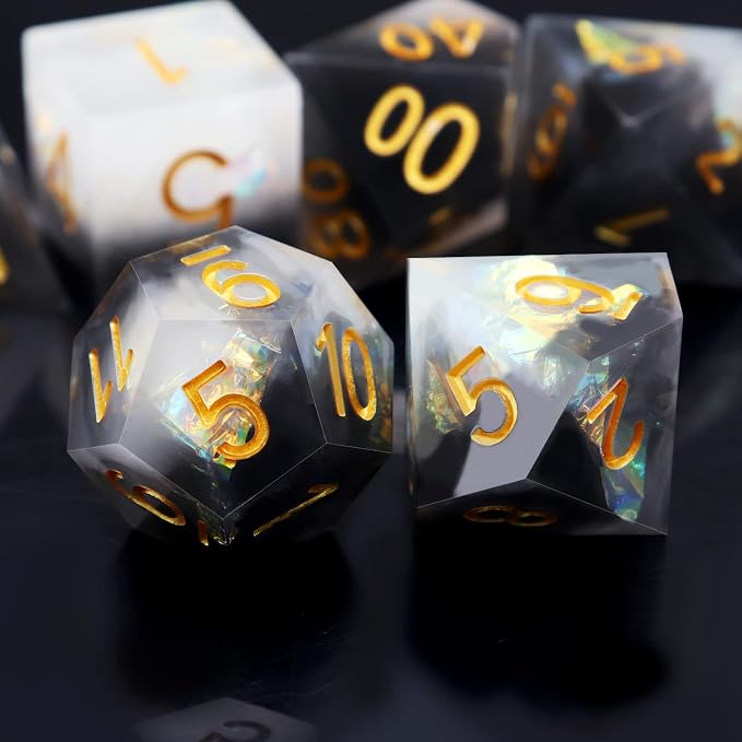 Haxtec Sharp Edge Dice Set DND Dice Black and White Resin Dice Iridecent Mylar - Image 5
