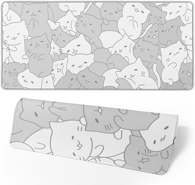 White Kawaii Cats E-Sport Mouse Pad Large Desk Mat Non-Slip Rubber Base by Brecoy