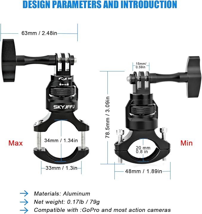 Bike Handlebar Mount for GoPro, 360 Degree Aluminium Alloy Motorbikes Round - Image 2