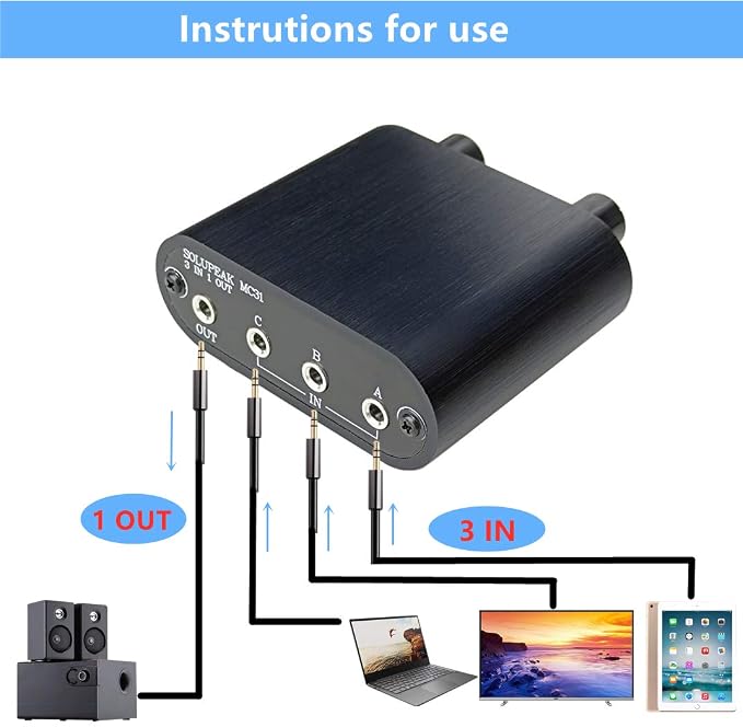 3.5mm Audio Switch with line Volume Controller, 3 in 1 Out 1/8" aux switcher - Image 5
