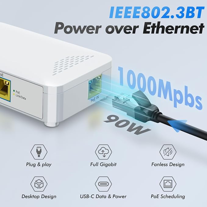 ​PoE to USB C Switch 60W 802.3af/at Compliant, 1 USB-C Port & 1 PoE+ Port & 1 - Image 4