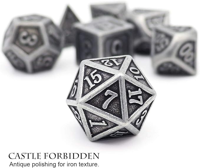 Haxtec Antique Iron Metal DND Dice Set Silver D&D Polyhedral Dice W/PU Leather - Image 3
