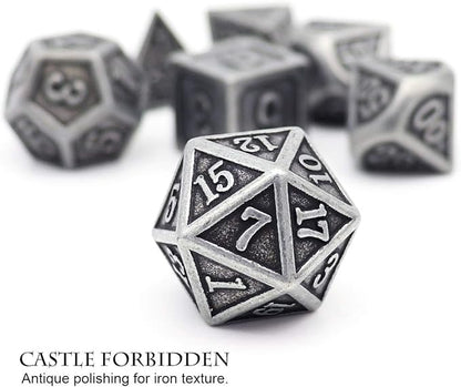 Haxtec Antique Iron Metal DND Dice Set Silver D&D Polyhedral Dice W/PU Leather - Image 3