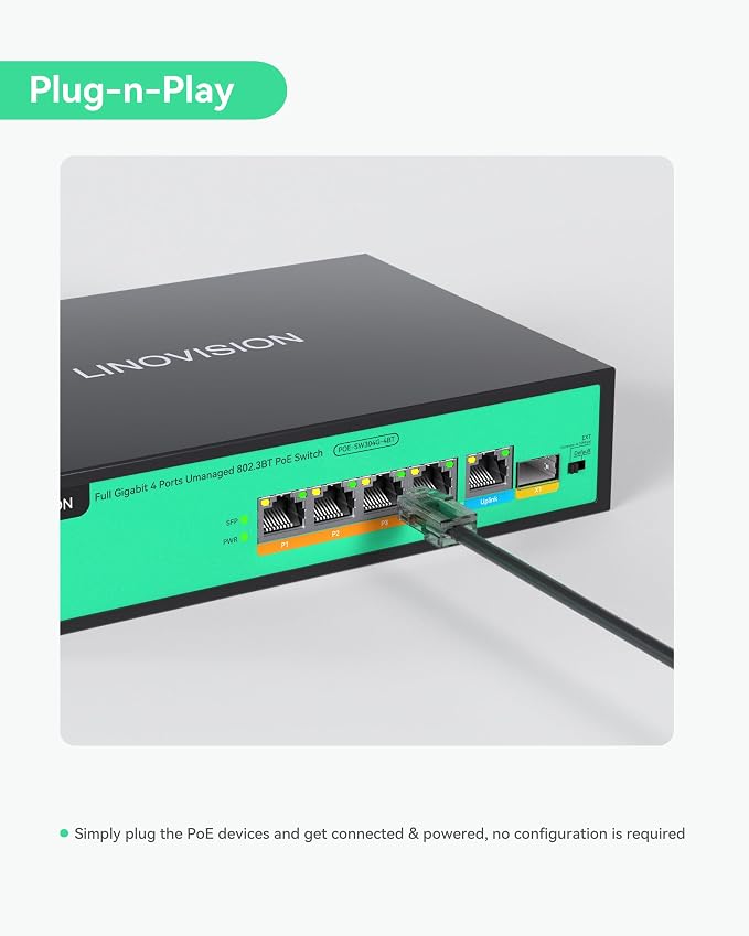 LINOVISION 4 Ports Full Gigabit PoE++ Switch, Built-in 96W Power, All 4 Ports - Image 7