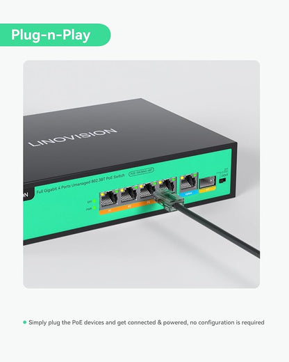 LINOVISION 4 Ports Full Gigabit PoE++ Switch, Built-in 96W Power, All 4 Ports - Image 7