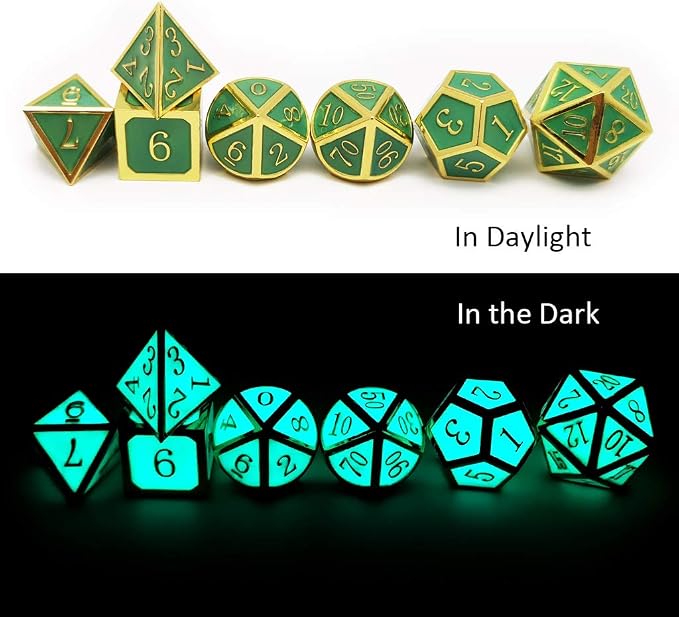 Haxtec Glow in The Dark Glowing Blue Metal Dice Set D&D W/Dragon Dice Bag 7PCS - Image 6