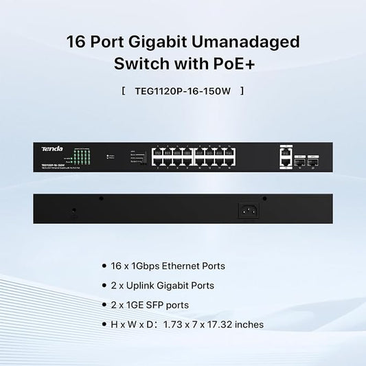 Tenda 20 Port Gigabit PoE Switch | Rackmount PoE Ethernet Switch | 16*PoE+ Port - Image 2