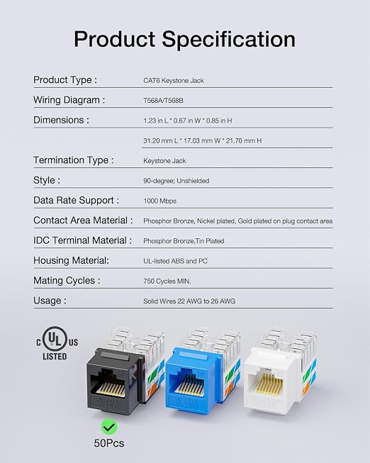 VCE RJ45 Cat6 Keystone Jacks UL Listed 50-Pack, UTP Ethernet Keystone Jacks - Image 9