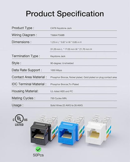 VCE RJ45 Cat6 Keystone Jacks UL Listed 50-Pack, UTP Ethernet Keystone Jacks - Image 9