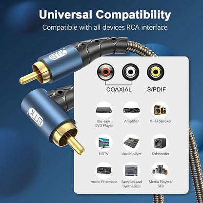 EMK RCA Subwoofer Cable 90 Degree RCA to RCA Audio Cable 24K Gold-Plated Nylon - Image 2
