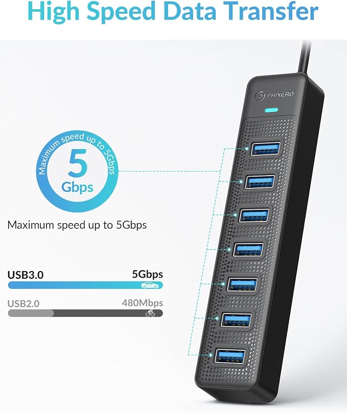 PHIXERO 7 Port USB Hub, 3.3FT/1M Long Cable USB 3.0 Hub Multi USB Port Hub - Image 3
