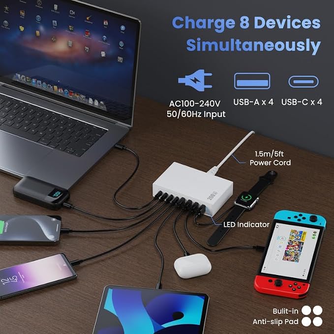 200W USB C Charger Block, 8-in-1 GaN USB C Charger Fast Charging Station Hub - Image 6