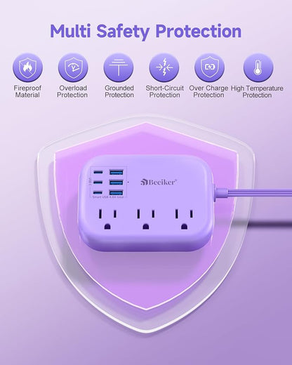 6 USB Purple Travel Power Strip- 5Ft Purple Extension Cord - Image 6