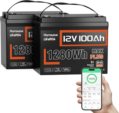 2PACK 12V 100Ah LiFePO4 Lithium Battery MAX Bluetooth 5.0 IP67, 15000+ Deep by HumsiENK