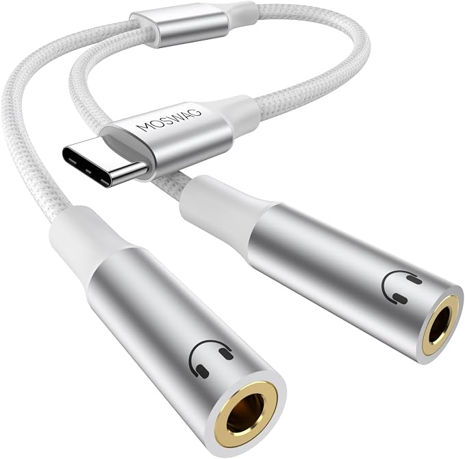 MOSWAG Type C to Dual 3.5mm Aux Headphone Jack Adapter, Type C to Dual 3.5mm by MOSWAG