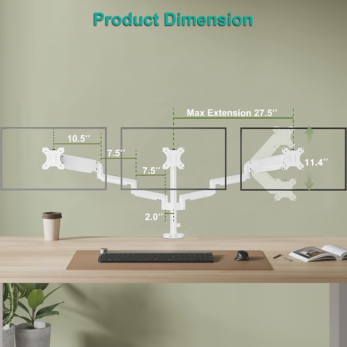 WALI White Triple Monitor Mount, 3 Monitor Desk Mount - Image 4
