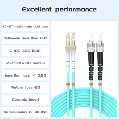 LC/UPC to ST/UPC Fiber Patch Cable OM3 196ft/60meters, 10Gb/Gigabit MultiMode - Image 2