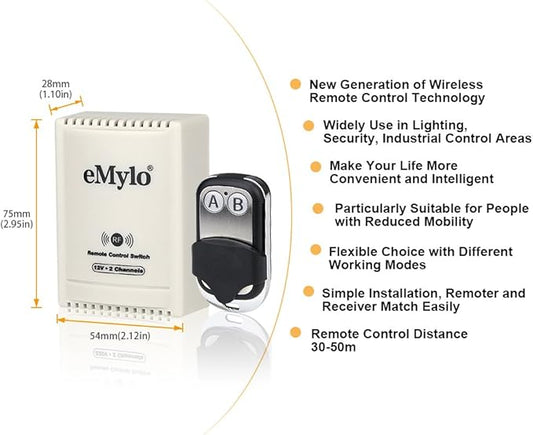 eMylo DC 12V 2CH RF Relay Smart Wireless Remote Control Light Switch Garage - Image 2