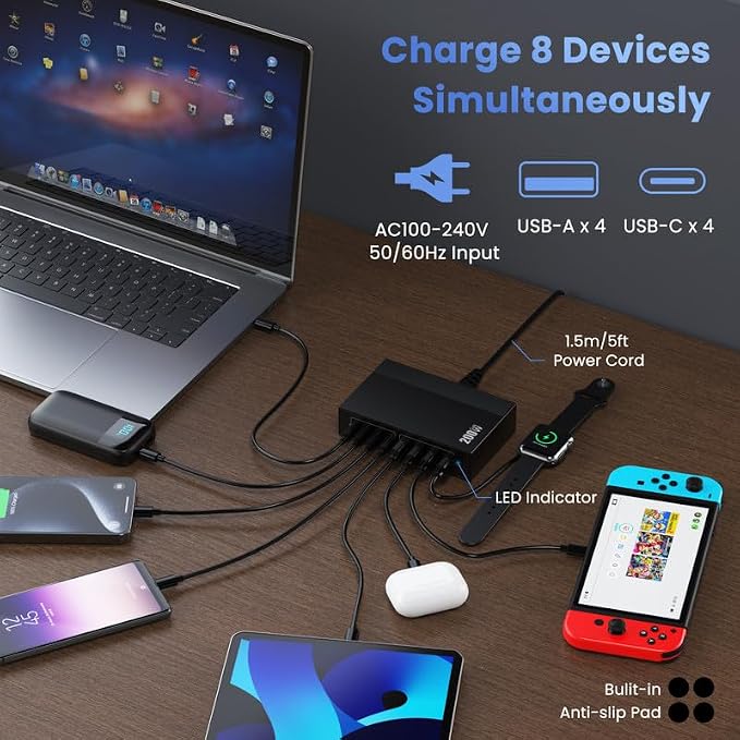 200W USB C Charger Block, 8-in-1 GaN III USB C Charger Fast Charging Station Hub - Image 6