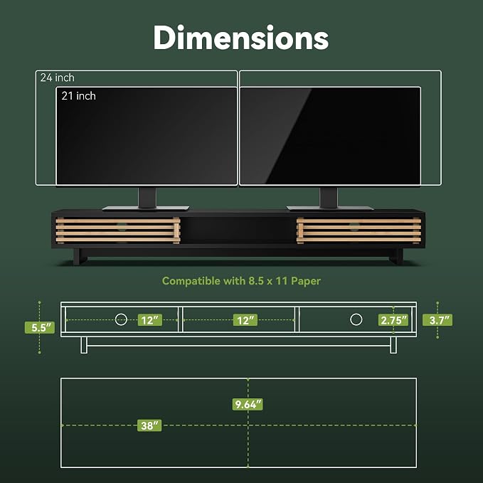 Dual Monitor Stand Riser with Sliding Door, Double Computer Laptop Stand Desk - Image 5