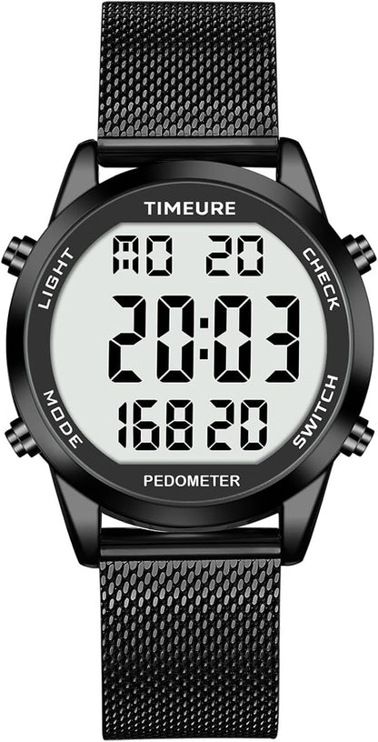 Men's Pedometer Watch with Stainless Steel Bracelet, Step Counter Watch No App by TIMEURE