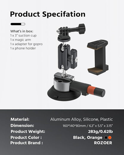 3" Suction Cup Mount Kit for Action Cams/Phone/360 Camera/DSLR Comes - Image 9