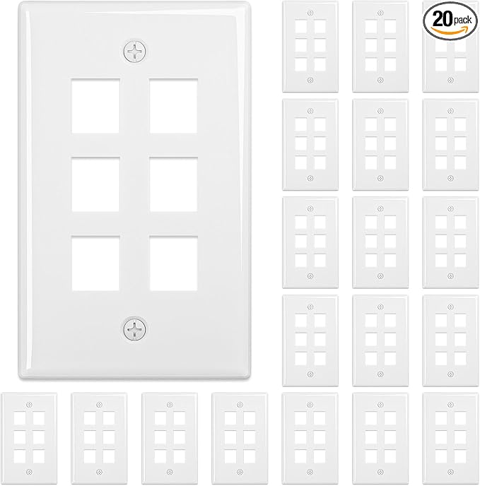 FGB 6-Port Keystone Wall Plate 20-Pack, Low-Profile Single Gang Wall Plates by FGB