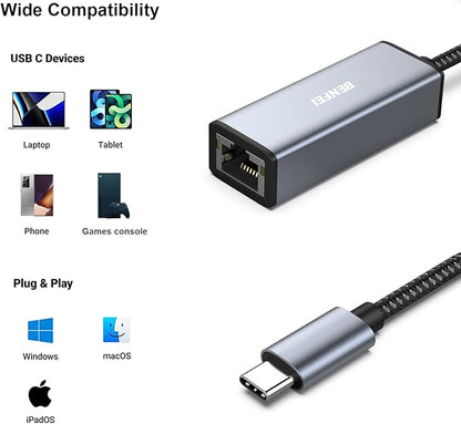 BENFEI 2 Pack USB-C to Ethernet Adapter, USB Type-C to RJ45 Gigabit Ethernet - Image 4
