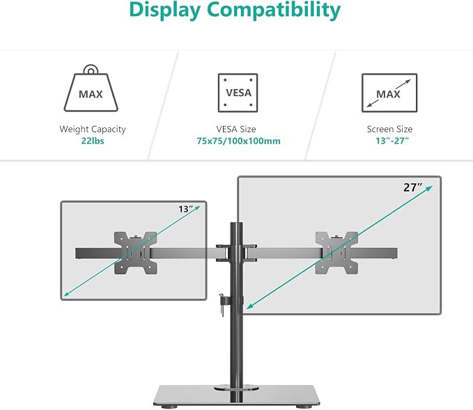 WALI Free Standing Dual Monitor Stand, Height Adjustable Monitor Mount - Image 2