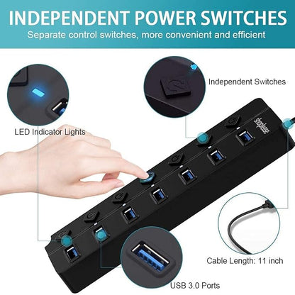 7-Port USB 3.0 Hub with Individual Power Switches and Lights, High-Speed Data - Image 2