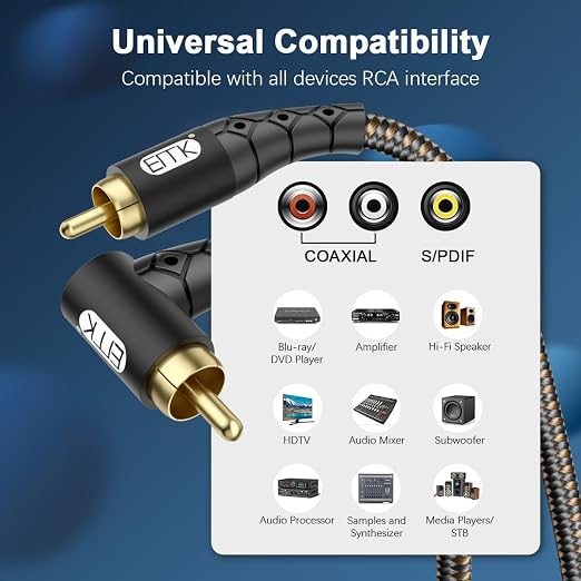 EMK 90 Degree RCA Subwoofer Cable 24K Gold-Plated Connector Nylon Braided - Image 2