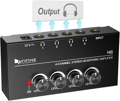 Fifine Headphone Amplifier 4 Channels Metal Stereo Audio Amplifier, Mini by FIFINETECHNOLOGY
