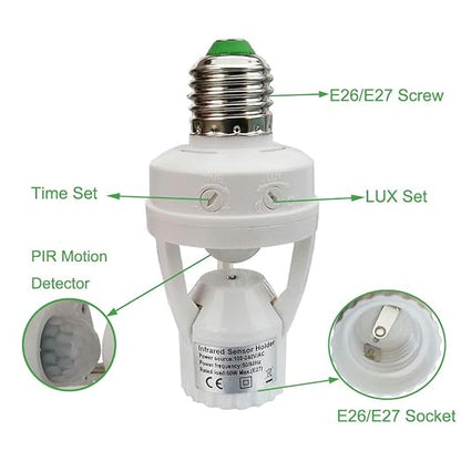 Motion Sensor Light Socket, E26 E27 PIR Motion Screw Bulb Adapter Indoor Use - Image 2