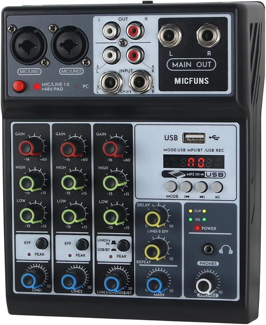 Mini audio audio mixers DJ mixer Sound Board Console System, 4 Channel 48V by micfuns