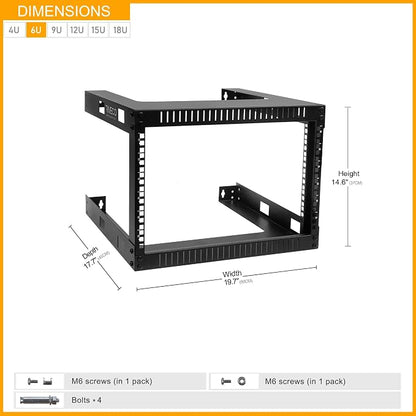 RIVECO 6U 19" Wall Mount Network Rack – 17.7" Deep 2 Post Shelf Open Frame - Image 3