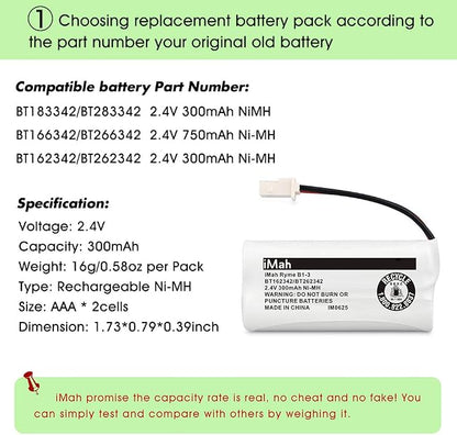 iMah BT162342/BT262342 2.4V 300mAh Ni-MH Cordless Phone Batteries Compatible - Image 3