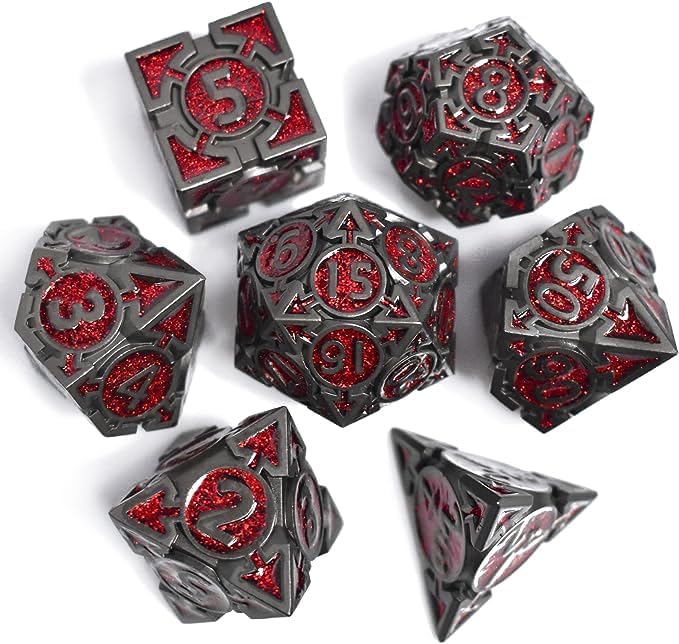 RULE DICE DND Metal Dice Set, 7 die Metal DND Polyhedral Blue Red and Black by RULEDICE